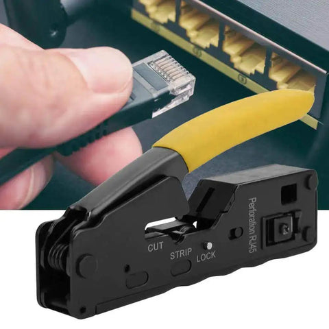 3 In 1 Network Wire Crimping Tool With Cutter And Stripper Adjustable Crimp Modes For CAT5 CAT6 CAT7 Ethernet And 8P8C 6P6C Crystal Head Plier With Non Slip PVC Handle Yellow in use