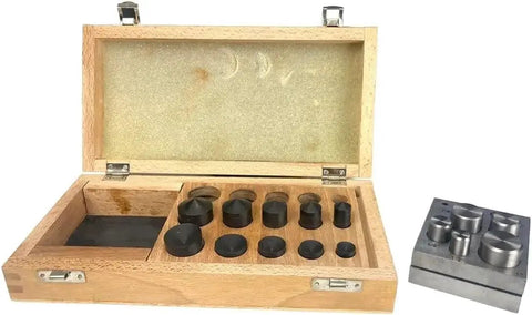Disc Cutter Set For Jewelry Making With Hardened Steel Punch Tools in wooden box, showing heavy duty cutter sizes and storage box.
