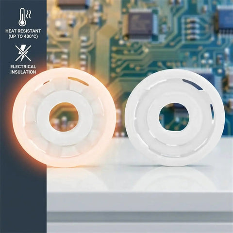 Two Pack 608 Zirconia Full Ceramic Bearings showing heat resistance and electrical insulation properties next to circuit board
