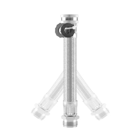 Stainless steel braided garden hose extension, 9.5 inch, three-outlet, heavy-duty with 45° bend, Amazon brand