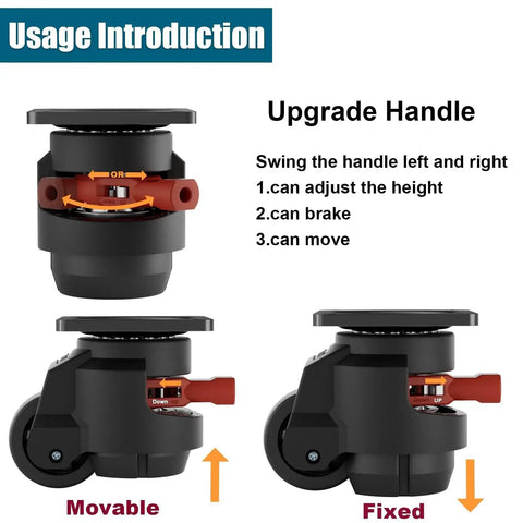 Heavy Duty 2 Inch Caster Wheels Set Of 4 With Ratchet Handle Leveling Casters Retractable Height Adjustable Total Capacity 2200 Lbs Adjustable Leveling Feet For Workbench Ideal For Heavy Duty Workbenches And Industrial Carts usage instructions with adjustable handle positions.