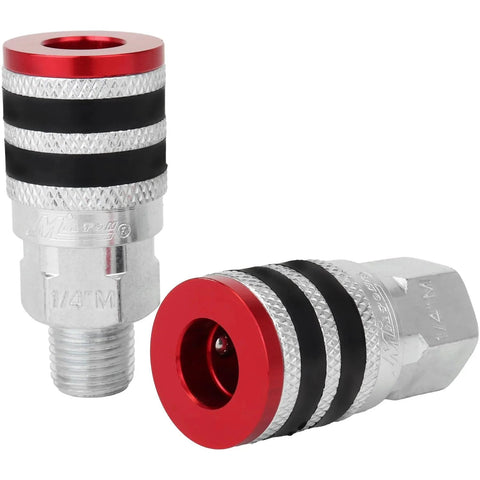 Front view of Colorfit M Style Coupler And Plug Kit With Rubber Bumpers 7 Piece Heavy Duty Set For Quarter Inch NPT Quick Connect Hose Fittings
