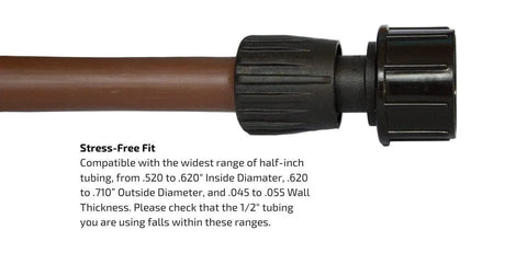 Brown 1/2-inch drip irrigation tubing attached to a black plastic garden hose adapter.