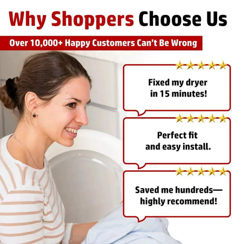 Dryer gas valve ignition solenoid coil kit - lifestyle image shows a smiling woman near a white front-loading dryer