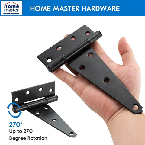 Hand holding 8 Inch T Strap Heavy Duty Shed Door Hinges Black Tee Hinge for Wooden Fences, 270 degree rotation