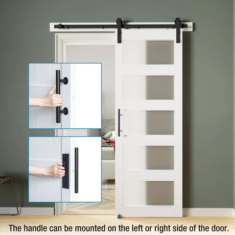 Five Panel Sliding Glass Barn Door Kit With Five Foot Hardware, Waterproof MDF And Frosted Glass For Privacy installed in doorway