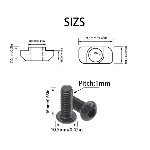 40 Series Aluminum T Slot Nuts And M6x16 Screws Kit For European 4040 Profile, showing screw and nut dimensions and pitch details
