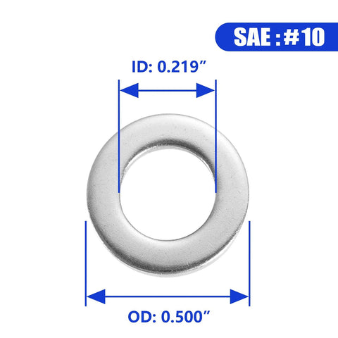 Flat washer, SAE #10, 0.5 in OD, 0.219 in ID, 304 stainless steel, 100 pcs