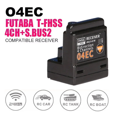 4CH 2.4GHz RC Receiver with SBUS2 and 8.4V High Voltage Internal Antenna for T-FHSS Transmitters, compact black L-shape design