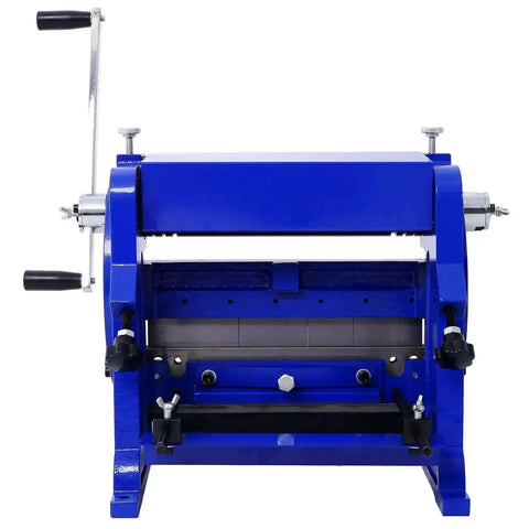 Front view of Beast 3 In 1 Sheet Metal Bender, Shear, And Slip Roll Machine, 12 inch wide, 20 gauge capacity, blue workshop tool.
