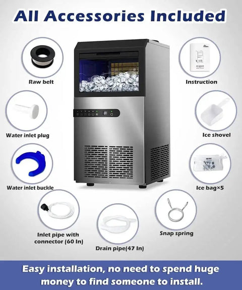 High Efficiency Under Counter Ice Maker, 120 Lbs Per Day, Stainless Steel, 45 Ice Cubes Per Cycle, accessories included