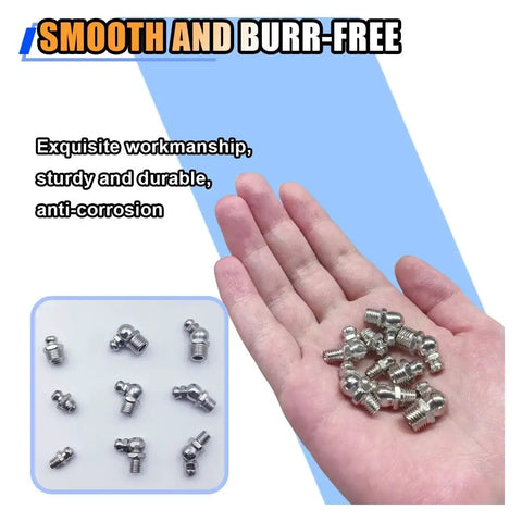 Hand holding 60 Piece Metric Grease Fittings Kit With M6 M8 M10 And One Quarter Inch One Eighth Inch Straight And Angled Zerk Adapters
