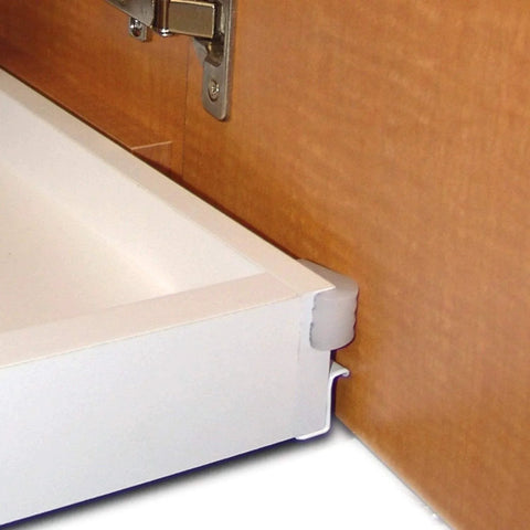 Self Adhesive Drawer Bumper Translucent 10 Pack for Cabinets and Rollout Shelves, installed on cabinet corner, no screws needed