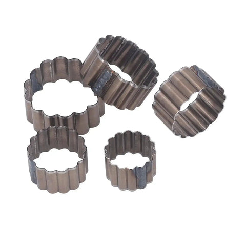 Five Piece Flower Shaped Leather Cutter Set With Alloy Steel Hollow Punch Tools Ranging From 30mm To 50mm shown on white background