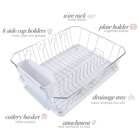 3 Piece Dish Rack Set with Cutlery Basket and Drainboard Tray Self Draining Open Wire Countertop Drying Rack in Chrome White
