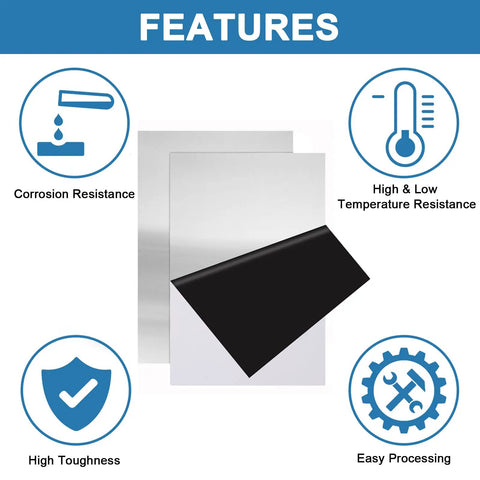 Features of 2 Pcs 304 Stainless Steel Sheets 8 Inch By 12 Inch 0.5mm Thick 24 Gauge Shim Stock Plates showcasing durability and processing.