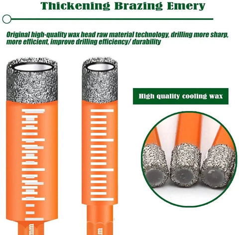 Close-up of Pro Grade Orange Hex Shank Dry Diamond Core Drill Bit Set 5mm with text on cooling wax and thickening emery.