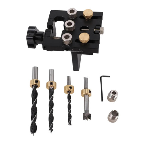 Doweling Jig Kit With Aluminum Adjustable Drilling Guide For Cabinet Installation And Furniture Assembly, components view.