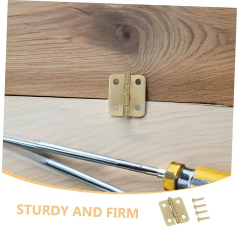Gold iron hinge from the 40 Piece Miniature Hinge Hardware Set for DIY Crafts Corner Iron Hinges shown with screws and screwdriver.