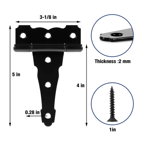 Heavy Duty 4 Inch T Strap Door Hinge 270 Degree Swing Matte Black Finish 10 Pack 2mm Thick with dimensions and screw