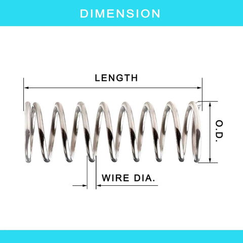 Compression spring, stainless steel, side view showing length and outer diameter dimensions.