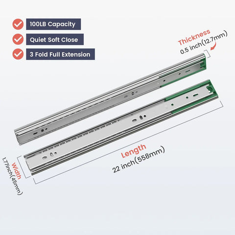 22 Inch Soft Close Drawer Slides Built To Last Heavy Duty Side Mount 100Lb Capacity Full Extension Ball Bearing Cabinet Glides