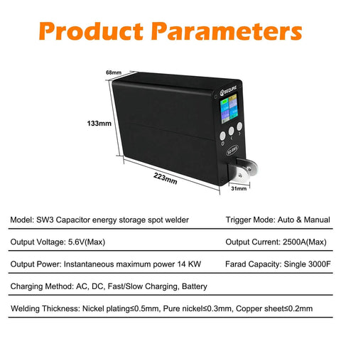 2500A Spot Welder For 18650 And 21700 Battery Packs with dimensions and specifications shown