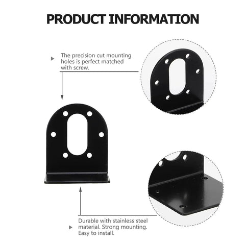 DC Motors Mounting Bracket And Gear Motors Mounting Holder 2 Pack No Frills For Support Stand Heavy Duty Metal Motor Bracket For Robotics Projects Easy Install Solid Mount Versatile Mounting Solution showing black stainless steel bracket with mounting holes