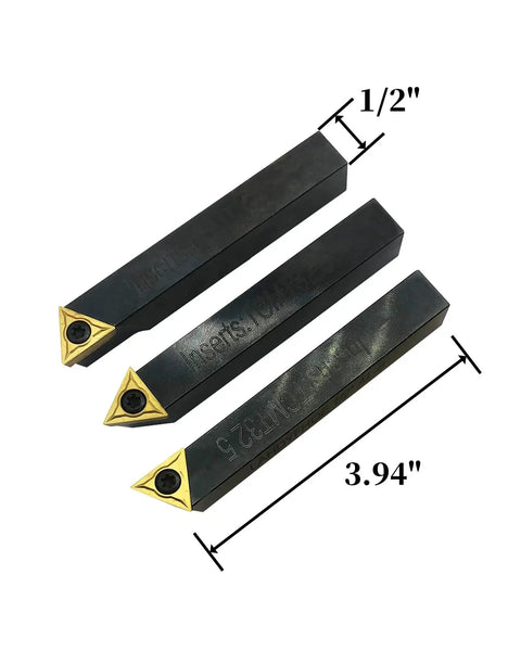 Three Piece 1/2 Inch Indexable Carbide Lathe Tool Holder Set With AL 8 AR 8 E 8 Holders And TCMT32.51 Inserts Preinstalled