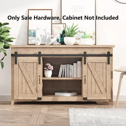 5 Foot Small Sliding Barn Door Hardware Kit for Double Doors and Cabinets installed on a wooden TV stand, showcasing ultra quiet track system.