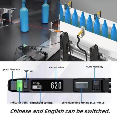 Go-To NPN Fiber Optic Sensor with LED display in industrial setup showing dual readouts and photoelectric switching in action