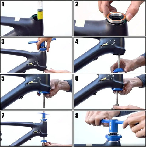 Step-by-step installation using Universal Bicycle Headset Press Tool for easy headset bearings, cups, and bottom bracket alignment.