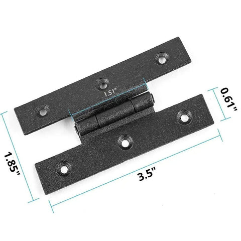 3.5 Inch Black Wrought Iron H Hinge With 1/4 Inch Offset For Kitchen Cabinets, shown with measurements, rust resistant flush mount hinge