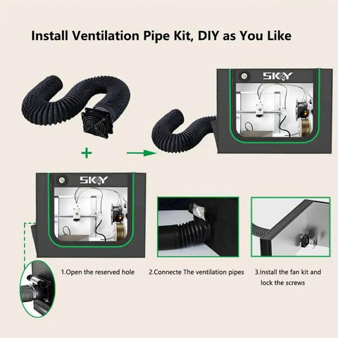 Installation steps for smoke exhaust kit on Upgraded 3D Printer Enclosure With LED Light And Smoke Exhaust Kit, showing ventilation pipe assembly.