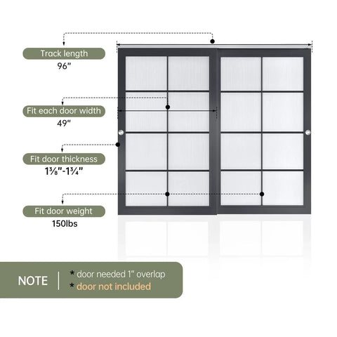 Diagram of Eight Foot Bypass Double Sliding Pocket Door Hardware Kit For Two Door System With Aluminum Track dimensions.