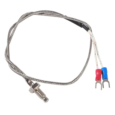 K-type thermocouple temperature sensor with M6 threaded probe, braided stainless cable and red/blue insulated fork ends