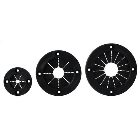 3 sizes of black rigging grommets with flexible rubber center and durable plastic outer ring for marine applications