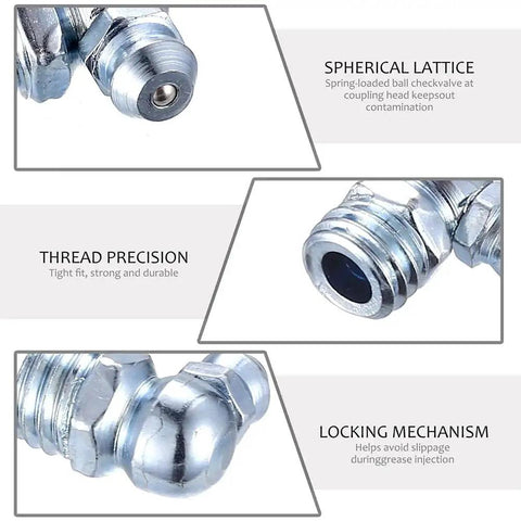 Close-up of 90 Piece Grease Fitting Assortment Kit M6 M8 M10 45 90 180 Degree Zerk Fittings Set showing spherical lattice, thread precision, and locking mechanism.