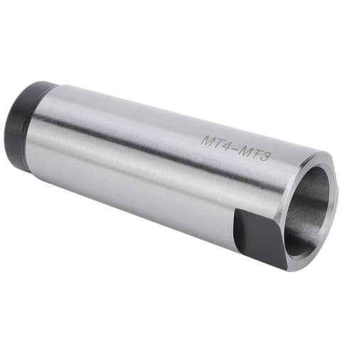 Side view of MT4-MT3 taper drill sleeve reducing adapter in steel with black end cap, hollow tube.