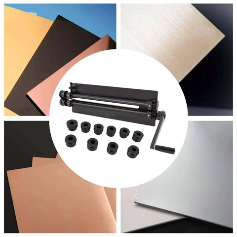 18 Inch Sheet Metal Bead Roller with 6 Die Set, rotary bead forming tool for 1.2mm 18 gauge metal, displayed with various sheets.