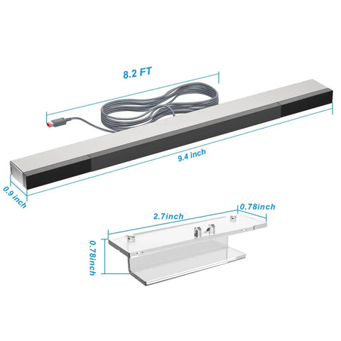 Wired Sensor Bar For Wii And Wii U Replacement with Precise Infrared Tracking and 8.2 ft cable, shown with dimensions