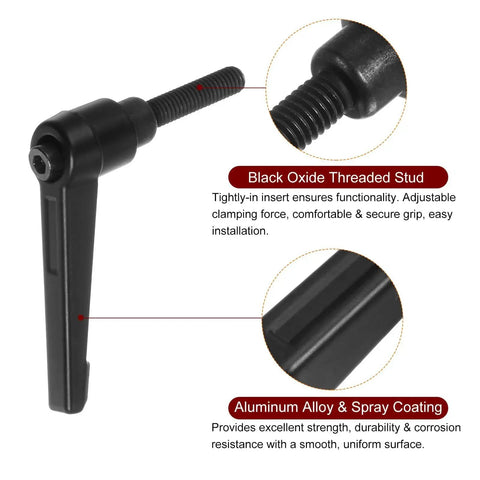 Eight Pack Adjustable Clamping Lever Handles M6 X 25mm Male Thread Bolts with rotating screw, black aluminum, industrial use.