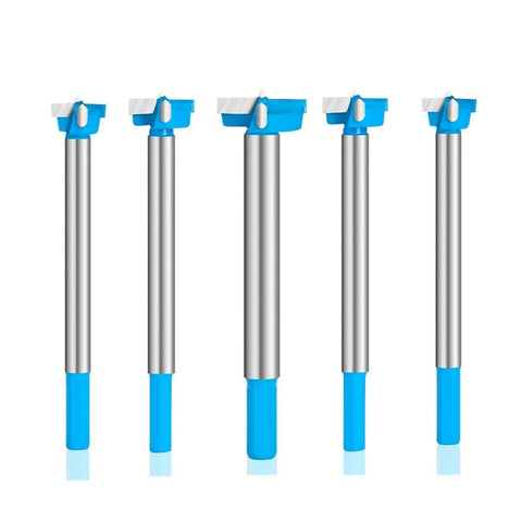 Set of five Lengthened Hex Shank Carbide Tipped Drill Bit For Hinge Boring, 22mm Hole Saw Cutter, blue and silver design