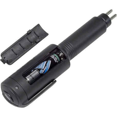 Side view of Heyco 8-in-1 brake fluid tester, black handheld with exposed battery compartment and detached cap.