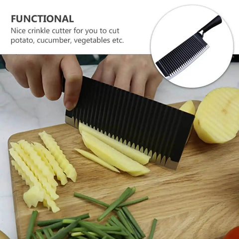 A person using the Stainless Steel Crinkle Potato Cutter And Wavy Vegetable Slicer Kitchen Chopper on sliced potatoes.