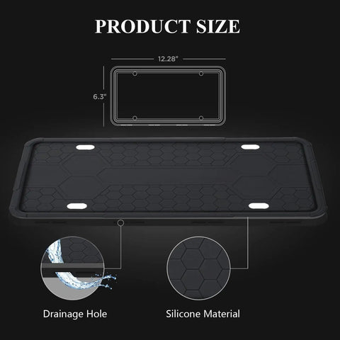 Silicone License Plate Frame 2 Pack For Cars And SUVs, Universal Black Plate Holder, showing product dimensions and drainage hole details.