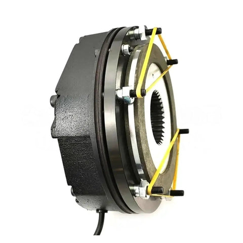 Side view of BN18-180V-150-245N.M de-energized electromagnetic brake; metal housing, splined hub, mounting bolts.