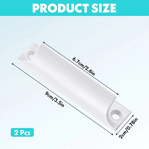 Two Pack 3.5 Inch Cabinet Handles With Screws Finger Pulls Edge Pulls, product dimensions 9cm x 2cm, white flat design.