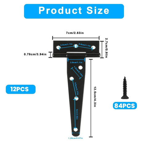 12 Pcs 6 Inch T Strap Hinges Heavy Duty Outdoor Tee Hinge detailed size chart with screw included, black galvanized iron