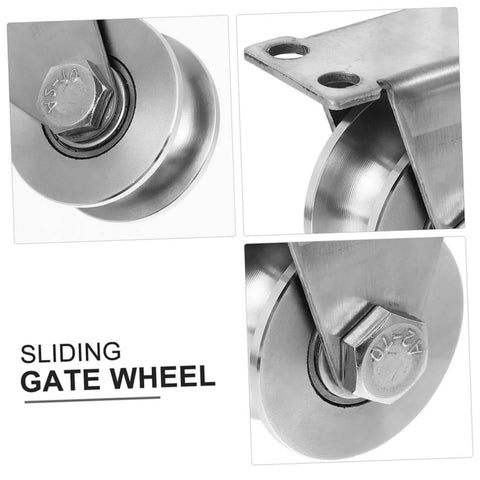 Close-up view of Stainless Steel Sliding Door Rollers Set For Heavy Duty U Groove Tracks With Double Bearings, showing wheel design.